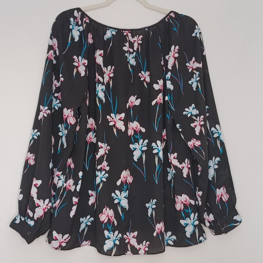 Women's I.N.C. Lightweight Sheer Flowy Black Floral Long Sleeve Top Size Large - Picture 2 of 7